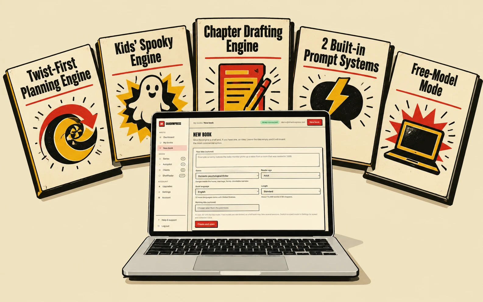 The five parts included: planning engine, kids spooky engine, chapter drafting engine, two prompt systems and free-model mode