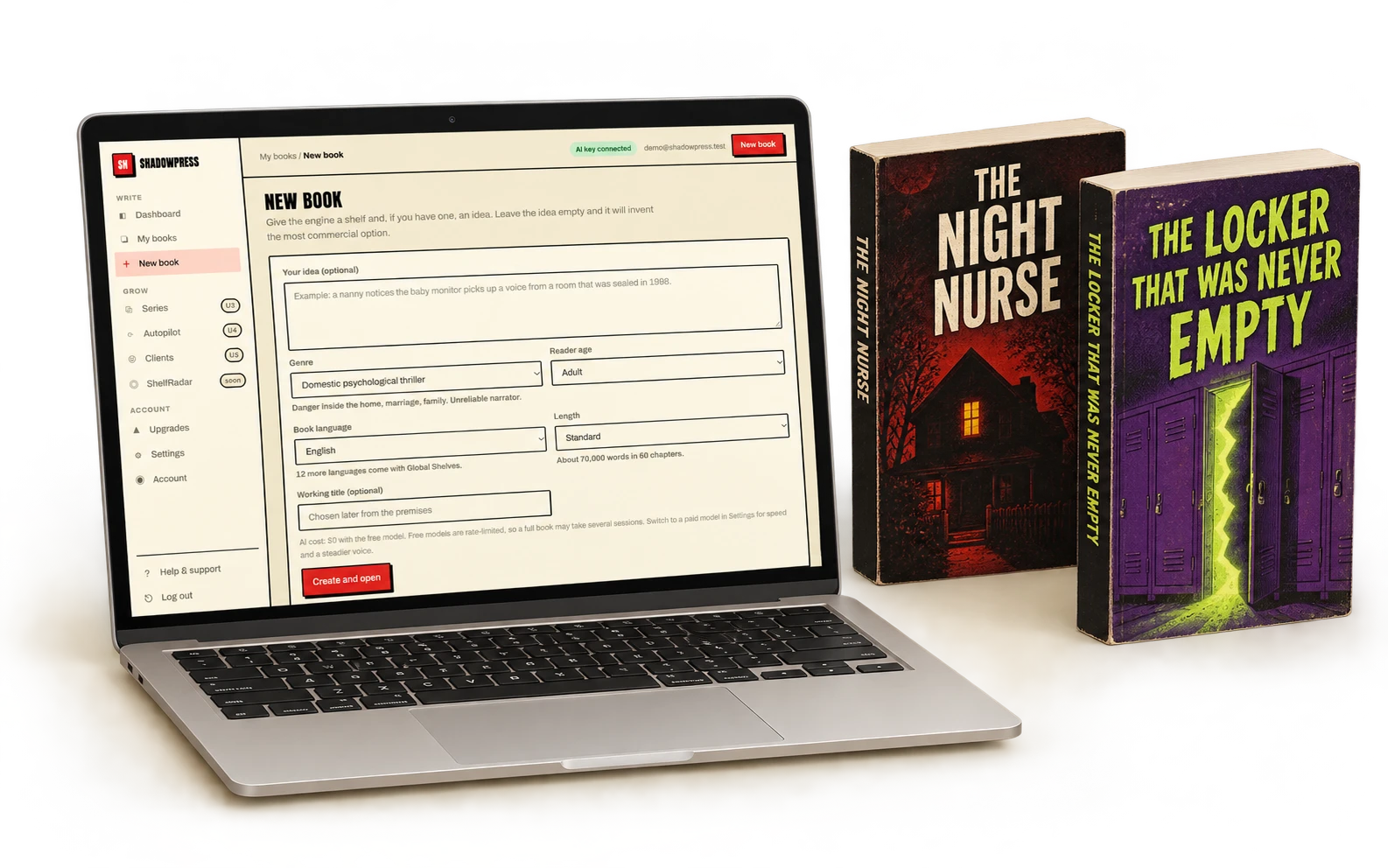 ShadowPress open on a laptop next to two example paperback covers